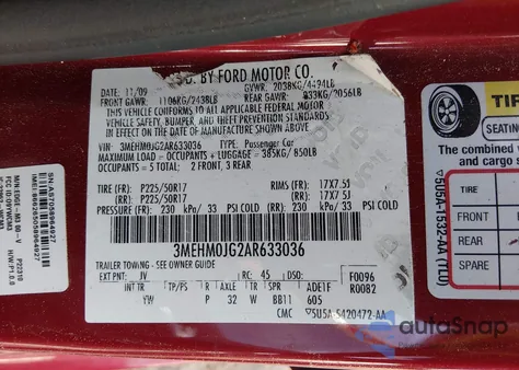 2010 Mercury Milan Premier z USA, uszkodzony, nr VIN 3MEHM0JG2AR633036